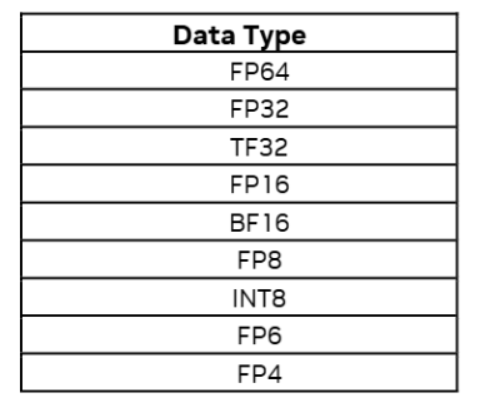 Data Type列表:FP64/FP32/TF32/FP16/BF16/FP8/INT8/FP6/FP4